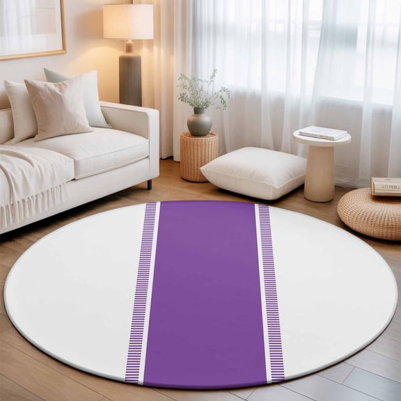 Washable Round Area Rug Modern Geometric Stripe Texture Circle Rugs Floor Carpet for Living Room Bedroom, Minimalist Purple Line on White Soft Non Slip Round Rug 3ft