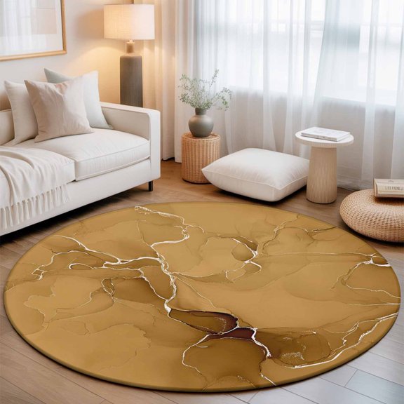 Washable Round Area Rug Modern Marble Texture Dark Yellow Circle Rugs Floor Carpet for Living Room Bedroom, Abstract Fluid Stripe Art Soft Non Slip Round Rug 3ft
