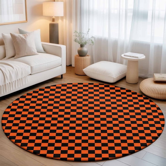 Washable Round Area Rug Modern Orange Black Buffalo Check Circle Rugs Floor Carpet for Living Room Bedroom, Abstract Geometric Lattice Soft Non Slip Round Rug 3ft