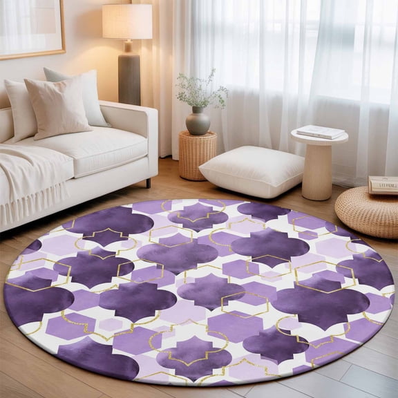 Washable Round Area Rug Moroccan Purple Ombre Gold Stripe Circle Rugs Floor Carpet for Living Room Bedroom, Modern Geometric Style Soft Non Slip Round Rug 3ft