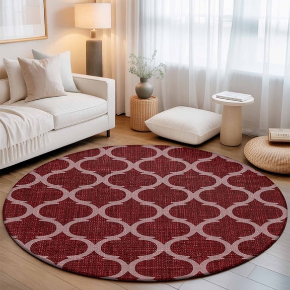 Washable Round Area Rug Moroccan Red Geometric Lattice Circle Rugs Floor Carpet for Living Room Bedroom, Retro Medieval Pattern Soft Non Slip Round Rug 3ft