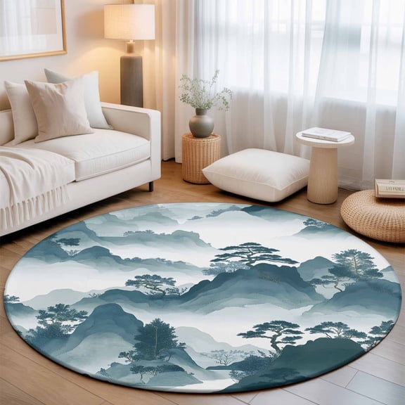 Washable Round Area Rug Mountain Garden Chinese Style Circle Rugs Floor Carpet for Living Room Bedroom, Chinoiserie Asian Scenic Soft Non Slip Round Rug 3ft