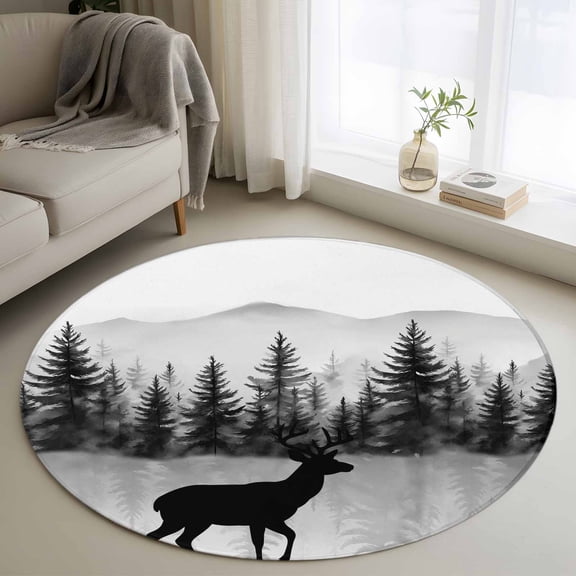 Washable Round Area Rug Natural Forest Wild Reindeer Circle Rugs Floor Carpet for Living Room Bedroom, Black Silhouette Mountain Soft Non Slip Round Rug 3ft