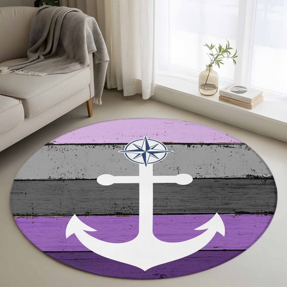 Washable Round Area Rug Nautical Anchor Compass Purple Gradient Circle Rugs Floor Carpet for Living Room Bedroom, Farm Grey Wood Grain Soft Non Slip Round Rug 3ft