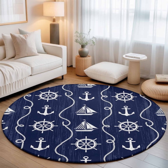 Washable Round Area Rug Nautical Anchor Sailboat Circle Rugs Floor Carpet for Living Room Bedroom, Deep Navy Blue Background Soft Non Slip Round Rug 3ft