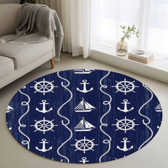 Washable Round Area Rug Nautical Anchor Sailboat Circle Rugs Floor Carpet for Living Room Bedroom, Deep Navy Blue Background Soft Non Slip Round Rug 4ft