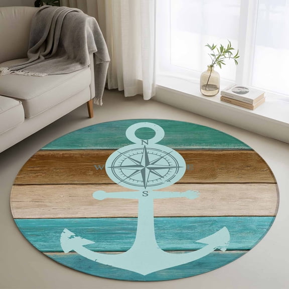 Washable Round Area Rug Nautical Coastal Anchor Compass Circle Rugs Floor Carpet for Living Room Bedroom, Vintage Colorful Wooden Board Soft Non Slip Round Rug 3ft