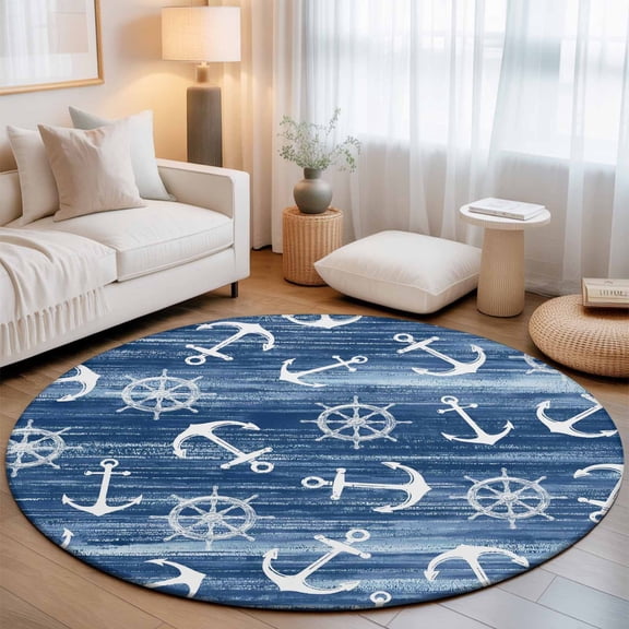 Washable Round Area Rug Nautical Compass Anchor Circle Rugs Floor Carpet for Living Room Bedroom, Coastal Ocean Blue Theme Soft Non Slip Round Rug 3ft
