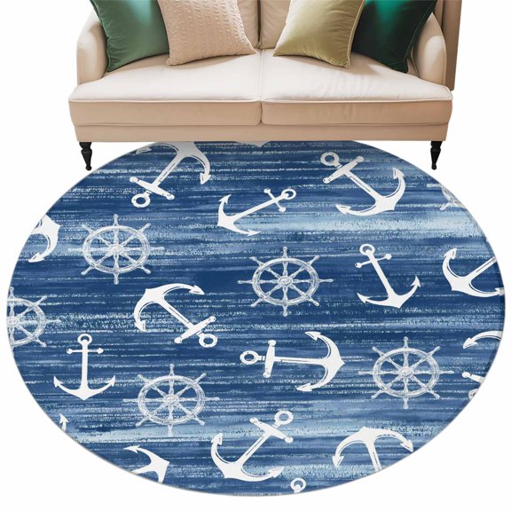 Washable Round Area Rug Nautical Compass Anchor Circle Rugs Floor Carpet for Living Room Bedroom, Coastal Ocean Blue Theme Soft Non Slip Round Rug 5ft