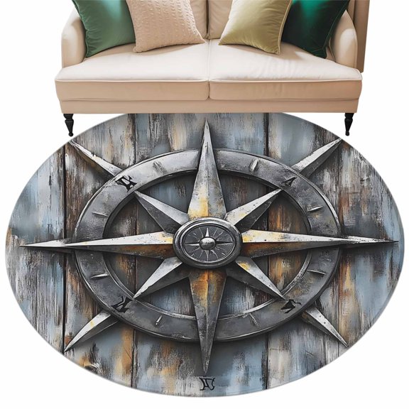 Washable Round Area Rug Nautical Compass Retro Plankfarmhouse Wooden Grain Circle Rugs Floor Carpet for Living Room Bedroom, Soft Non Slip Round Rug 5ft