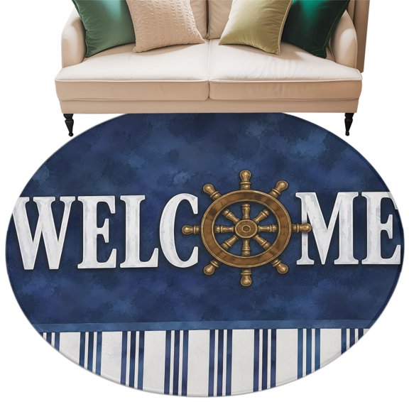 Washable Round Area Rug Nautical Compass Welcome Text Circle Rugs Floor Carpet for Living Room Bedroom, Coastal Navy Blue Stripe Soft Non Slip Round Rug 5ft