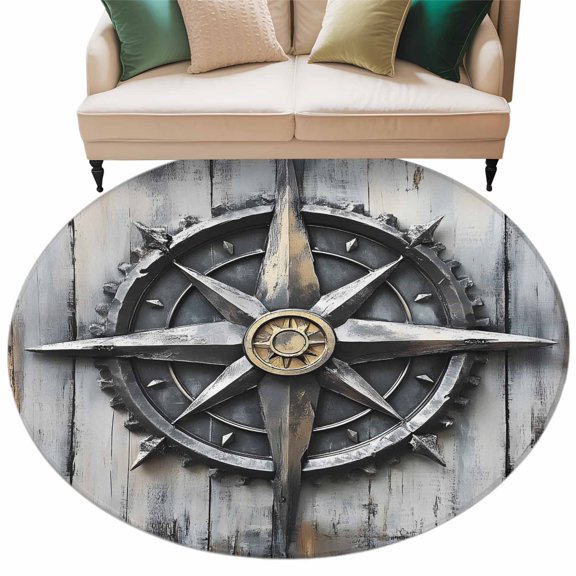Washable Round Area Rug Nautical Compass Wood Board Circle Rugs Floor Carpet for Living Room Bedroom, Vintage Coastal Theme Soft Non Slip Round Rug 5ft