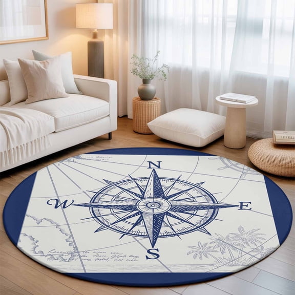 Washable Round Area Rug Nautical Vintage Compass Rudder Circle Rugs Floor Carpet for Living Room Bedroom, Blue Line on Map Soft Non Slip Round Rug 3ft