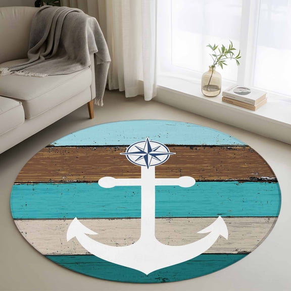 Washable Round Area Rug Nautical White Anchor Ocean Compass Circle Rugs Floor Carpet for Living Room Bedroom, Farmhouse Retro Blue Wood Grain Soft Non Slip Round Rug 3ft