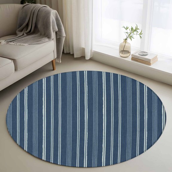 Washable Round Area Rug Navy Blue Deep Linear Circle Rugs Floor Carpet for Living Room Bedroom, Minimalist Geometric Striped Soft Non Slip Round Rug 4ft