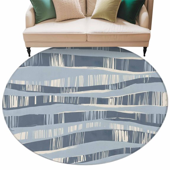 Washable Round Area Rug Navy Blue Ocean Waves Coastal Horizon Circle Rugs Floor Carpet for Living Room Bedroom, Abstract Art Soft Non Slip Round Rug 5ft
