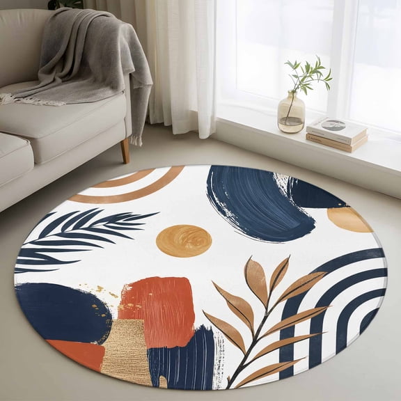 Washable Round Area Rug Nordic Abstract Leaves Arch Sun Circle Rugs Floor Carpet for Living Room Bedroom, Terracotta Aesthetic Color Block Soft Non Slip Round Rug 3ft