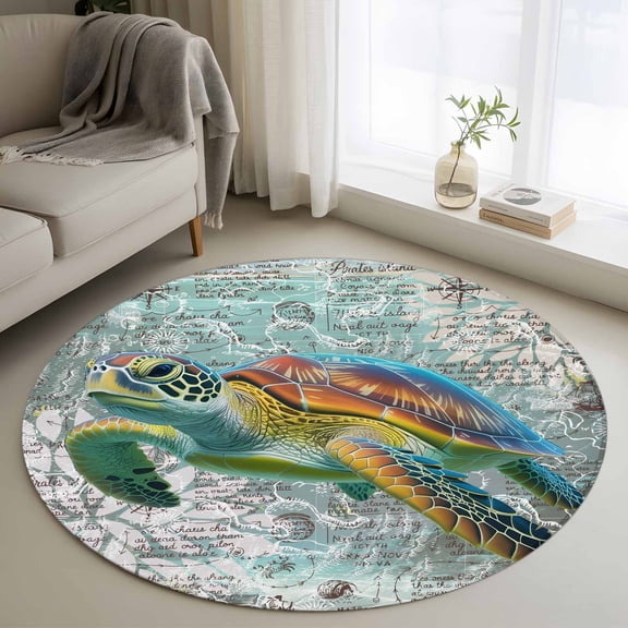 Washable Round Area Rug Ocean Sea Turtle Nautical Map Circle Rugs Floor Carpet for Living Room Bedroom, Underwater Marine Life Soft Non Slip Round Rug 3ft