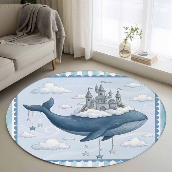 Washable Round Area Rug Ocean Whale Castle Cloud Sky Circle Rugs Floor Carpet for Living Room Bedroom, Blue Theme Stripe Soft Non Slip Round Rug 3ft
