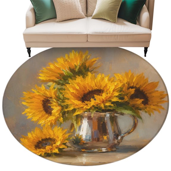 Washable Round Area Rug Oil Style Farm Sunflowers Circle Rugs Floor Carpet for Living Room Bedroom, Reflective Metal Pitcher Soft Non Slip Round Rug 5ft