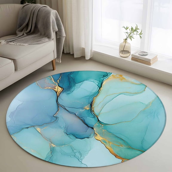 Washable Round Area Rug Ombre Aqua Green Blue Marble Circle Rugs Floor Carpet for Living Room Bedroom, Golden Vein Abstract Color Soft Non Slip Round Rug 3ft