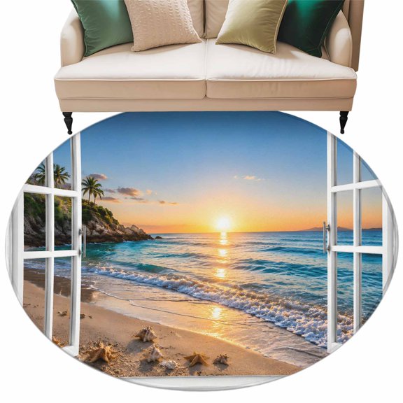 Washable Round Area Rug Open Window Frame Beach Circle Rugs Floor Carpet for Living Room Bedroom, Summer Blue Sea Sunset Soft Non Slip Round Rug 5ft