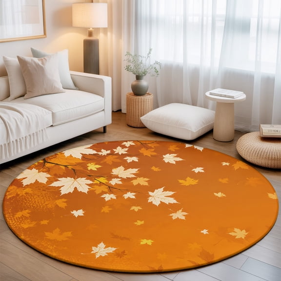 Washable Round Area Rug Orange Maple Leaf Thanksgiving Circle Rugs Floor Carpet for Living Room Bedroom, Fall Country Leaves Soft Non Slip Round Rug 3ft
