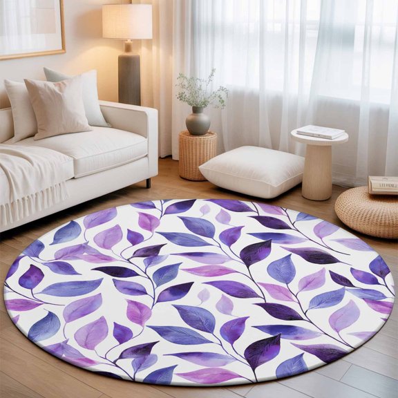 Washable Round Area Rug Pastoral Gradient Purple Leaves Circle Rugs Floor Carpet for Living Room Bedroom, Country Watercolor Botanical Soft Non Slip Round Rug 3ft