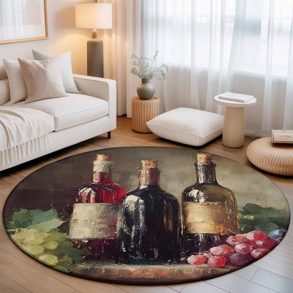 Washable Round Area Rug Pastoral Grape Leaves Wine Circle Rugs Floor Carpet for Living Room Bedroom, Retro Wood Board Soft Non Slip Round Rug 3ft