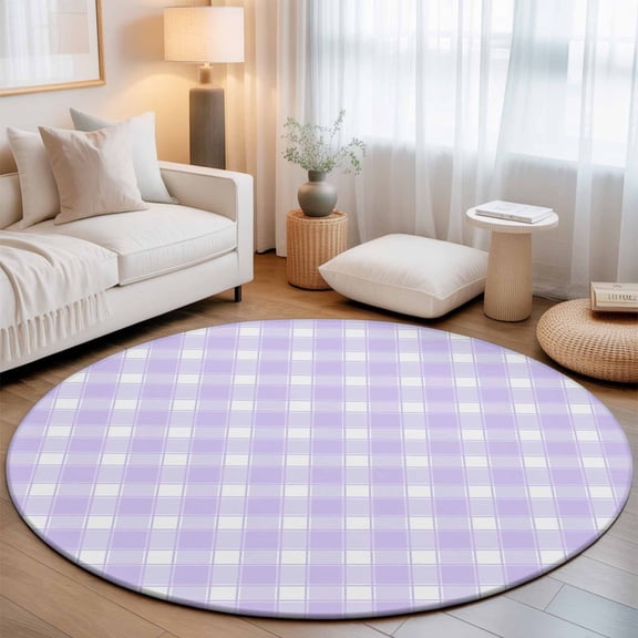 Washable Round Area Rug Pastoral Purple Checkered Circle Rugs Floor Carpet for Living Room Bedroom, Modern Minimalist Buffalo Plaid Soft Non Slip Round Rug 3ft