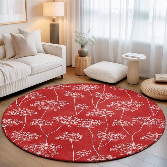 Washable Round Area Rug Pastoral Wildflowers Dandelion Circle Rugs Floor Carpet for Living Room Bedroom, Vibrant Red Background Soft Non Slip Round Rug 3ft