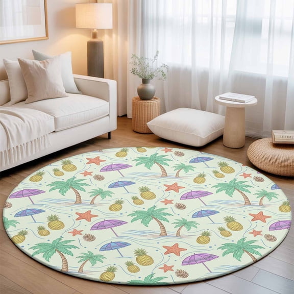 Washable Round Area Rug Pineapple Starfish Coconut Tree Circle Rugs Floor Carpet for Living Room Bedroom, Summer Seaside Ocean Theme Soft Non Slip Round Rug 3ft