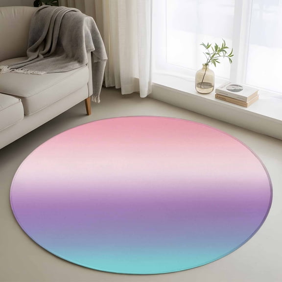 Washable Round Area Rug Pink Blue Purple Gradient Circle Rugs Floor Carpet for Living Room Bedroom, Simple Watercolor Soft Non Slip Round Rug 3ft