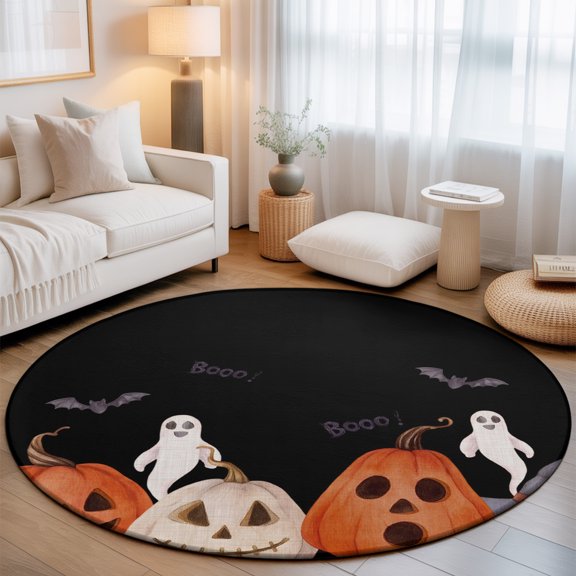 Washable Round Area Rug Pumpkin Ghost Halloween Circle Rugs Floor Carpet for Living Room Bedroom, Scary Ghost Bat on Black Soft Non Slip Round Rug 3ft