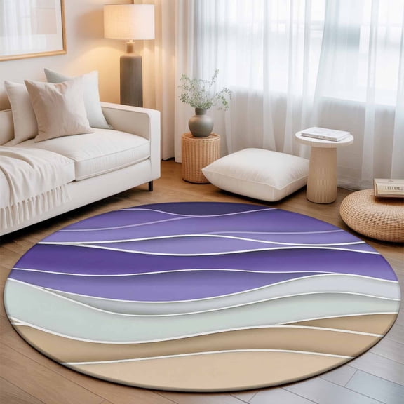 Washable Round Area Rug Purple Brown Gradient Circle Rugs Floor Carpet for Living Room Bedroom, Abstract Geometric Striped Soft Non Slip Round Rug 3ft