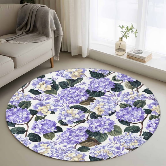 Washable Round Area Rug Purple Flower Leaves Hydrangea Circle Rugs Floor Carpet for Living Room Bedroom, Watercolor Floral Seamless Soft Non Slip Round Rug 3ft
