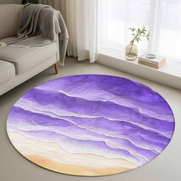 Washable Round Area Rug Purple Gradient Waves Ocean Circle Rugs Floor Carpet for Living Room Bedroom, Summer Beach Coastal Soft Non Slip Round Rug 3ft
