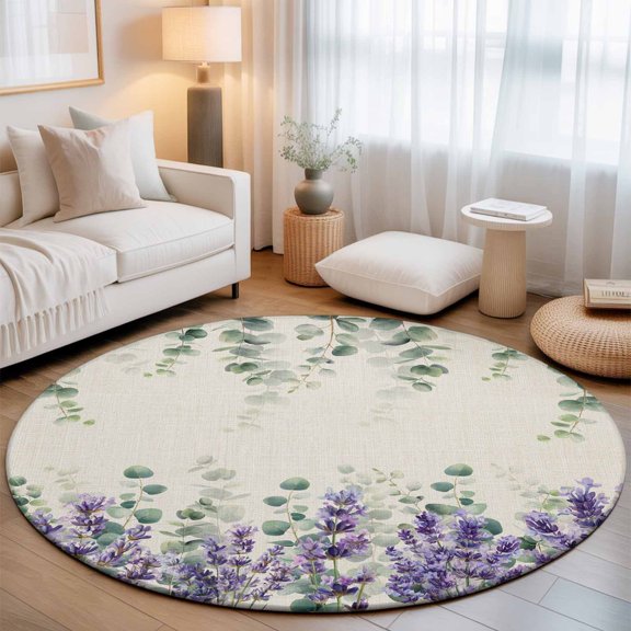 Washable Round Area Rug Purple Lavender Eucalyptus Leaf Circle Rugs Floor Carpet for Living Room Bedroom, Country Leaves Retro Linen Soft Non Slip Round Rug 3ft