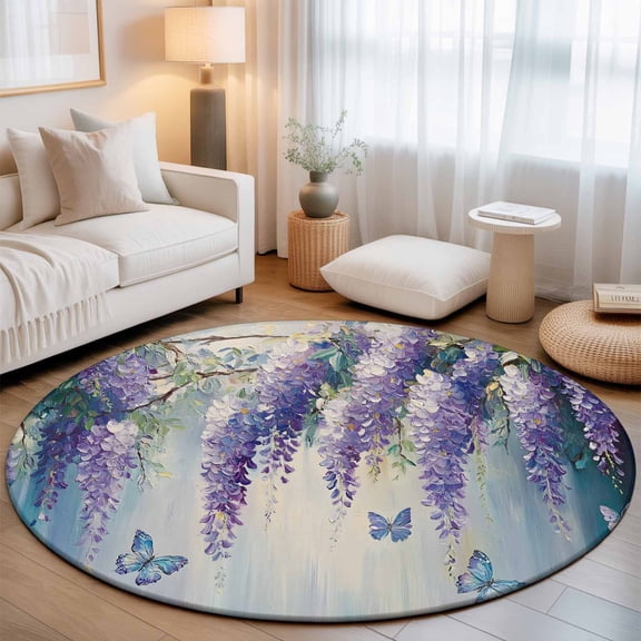 Washable Round Area Rug Purple Lavender Flower Butterfly Circle Rugs Floor Carpet for Living Room Bedroom, Watercolor Oil Painting Art Soft Non Slip Round Rug 3ft