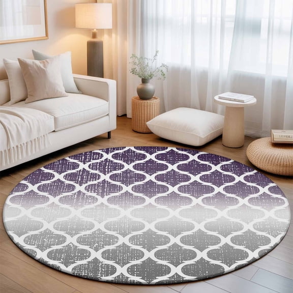 Washable Round Area Rug Purple Morocco Grey Gradient Circle Rugs Floor Carpet for Living Room Bedroom, Abstract Buffalo Lattice Soft Non Slip Round Rug 3ft