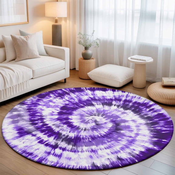 Washable Round Area Rug Purple White Spiral Tie Dye Art Circle Rugs Floor Carpet for Living Room Bedroom, Ethnic Hippie Pattern Soft Non Slip Round Rug 3ft