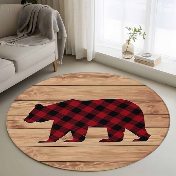Washable Round Area Rug Red Black Buffalo Plaid Bear Circle Rugs Floor Carpet for Living Room Bedroom, Animal Silhouette Wood Grain Soft Non Slip Round Rug 3ft
