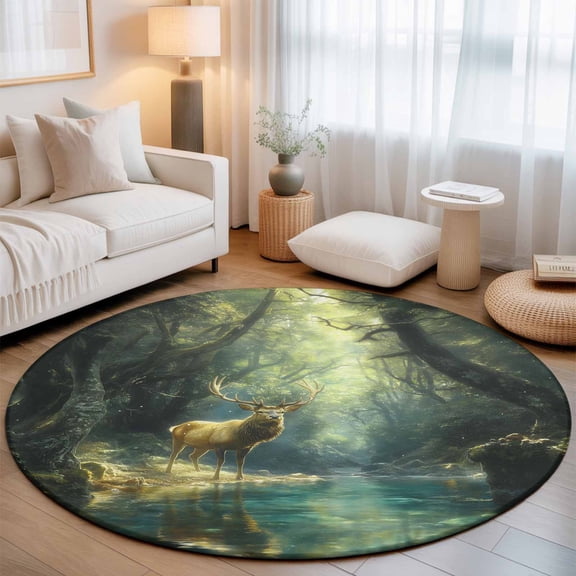 Washable Round Area Rug Reindeer in The Forest Circle Rugs Floor Carpet for Living Room Bedroom, Hunting Nature Scenery Clear Lake Soft Non Slip Round Rug 3ft
