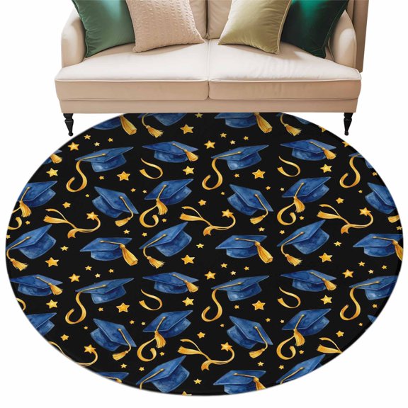 Washable Round Area Rug Repeating Graduation Caps Circle Rugs Floor Carpet for Living Room Bedroom, Stars and Tassels Soft Non Slip Round Rug 5ft