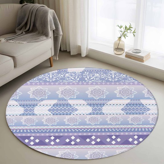 Washable Round Area Rug Retro Bohemian Flower Pattern Circle Rugs Floor Carpet for Living Room Bedroom, Purple Boho Geometric Theme Soft Non Slip Round Rug 4ft