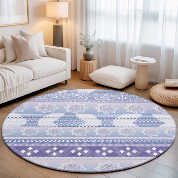 Washable Round Area Rug Retro Bohemian Flower Pattern Circle Rugs Floor Carpet for Living Room Bedroom, Purple Boho Geometric Theme Soft Non Slip Round Rug 3ft