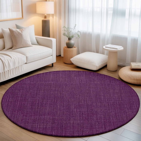 Washable Round Area Rug Retro Dark Purple Linen Bottom Circle Rugs Floor Carpet for Living Room Bedroom, Farmhouse Flax Texture Soft Non Slip Round Rug 3ft