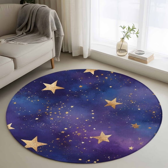 Washable Round Area Rug Retro Dream Star on Purple Circle Rugs Floor Carpet for Living Room Bedroom, Romantic Starry Sky Soft Non Slip Round Rug 3ft