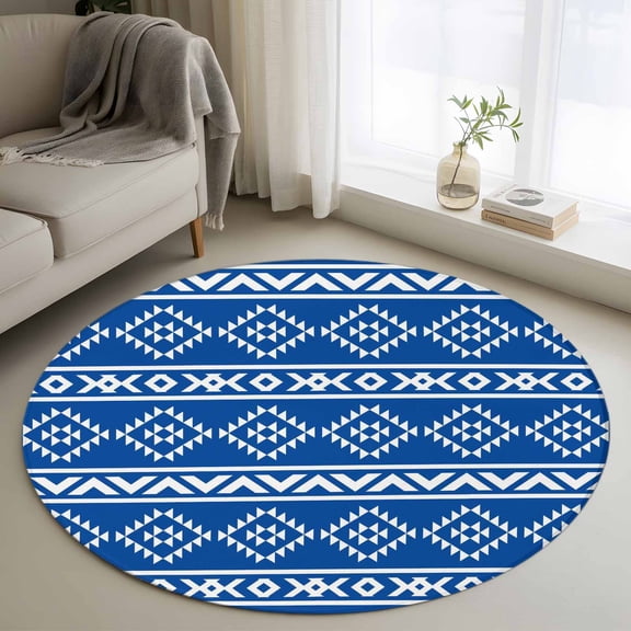 Washable Round Area Rug Retro Ethnic Blue White Geometric Art Circle Rugs Floor Carpet for Living Room Bedroom, Tribal Native Texture Soft Non Slip Round Rug 3ft