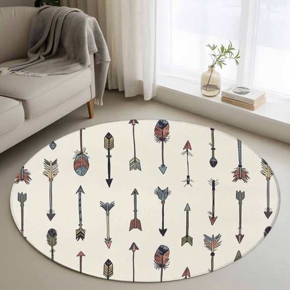 Washable Round Area Rug Retro Indian Fingernails Arrows Circle Rugs Floor Carpet for Living Room Bedroom, Vintage Ethnicity Art Soft Non Slip Round Rug 3ft